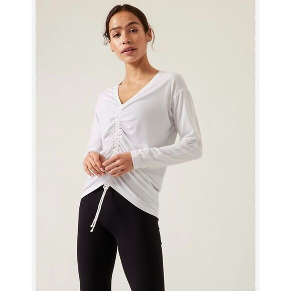 ATHLETA Crossover Ruched Long Sleeve Top V-Neck, White, Sz L - Picture 1 of 11